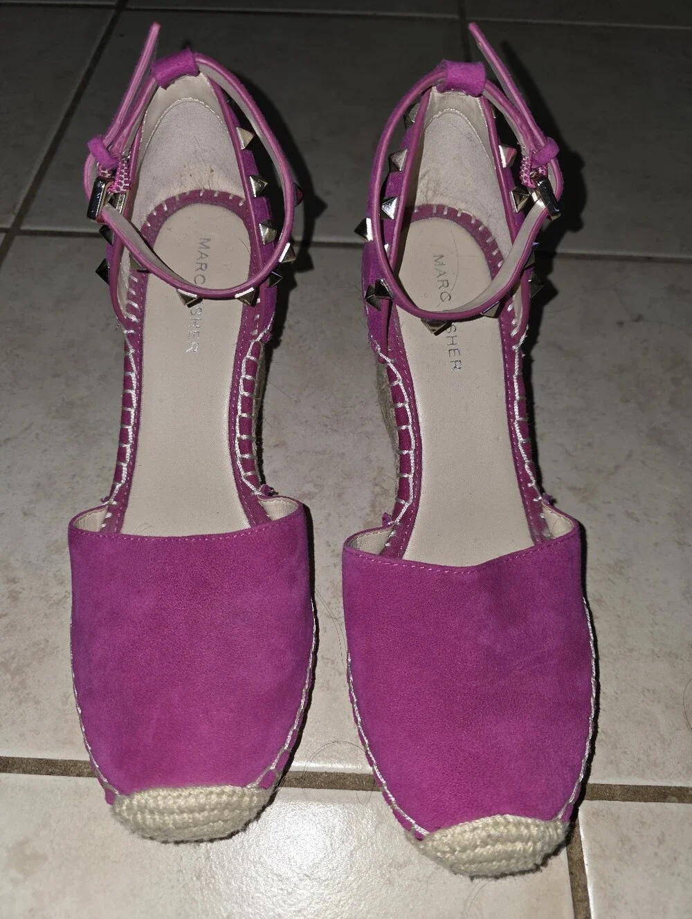 Marc Fisher Pink Suede Studded Espadrille Wedge Sandals